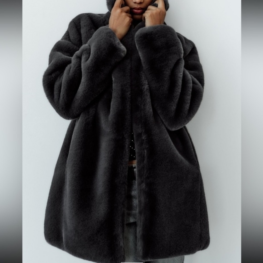 Zara Black Faux Fur Coat - Picture 5 of 16